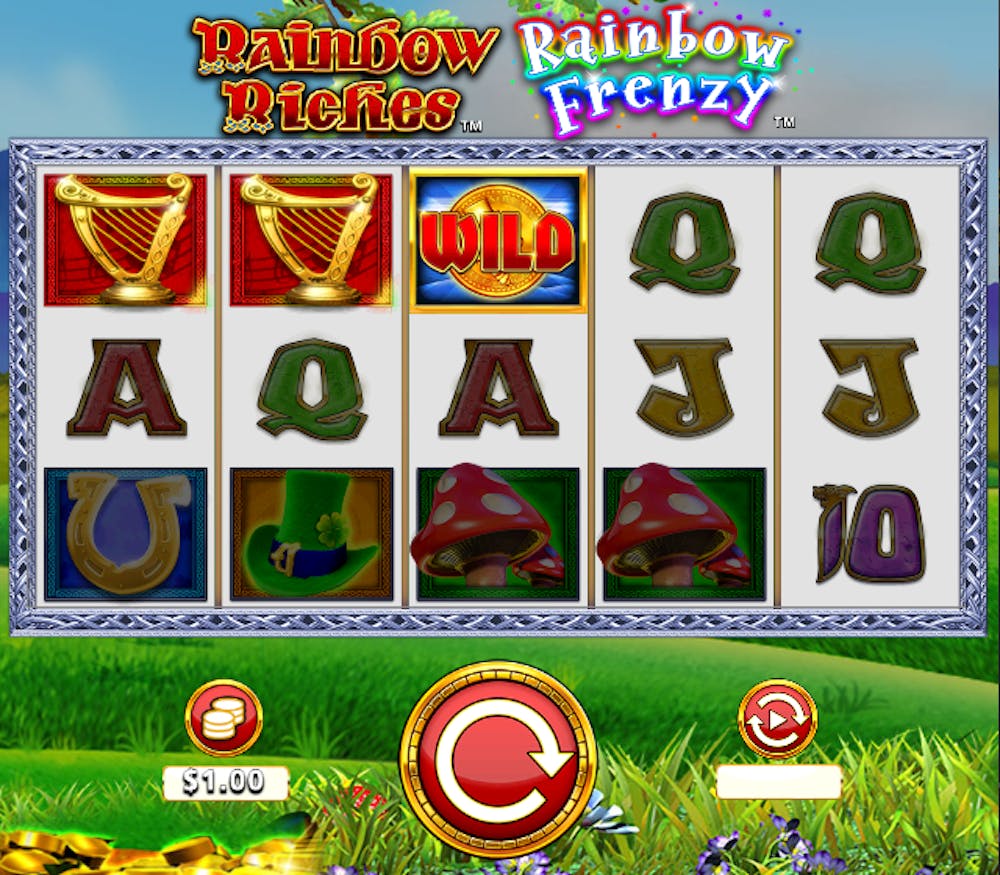 Ein Screenshot aus dem Spiel Rainbow Riches Rainbow Frenzy mit mehreren Symbolen auf der Gewinnlinie