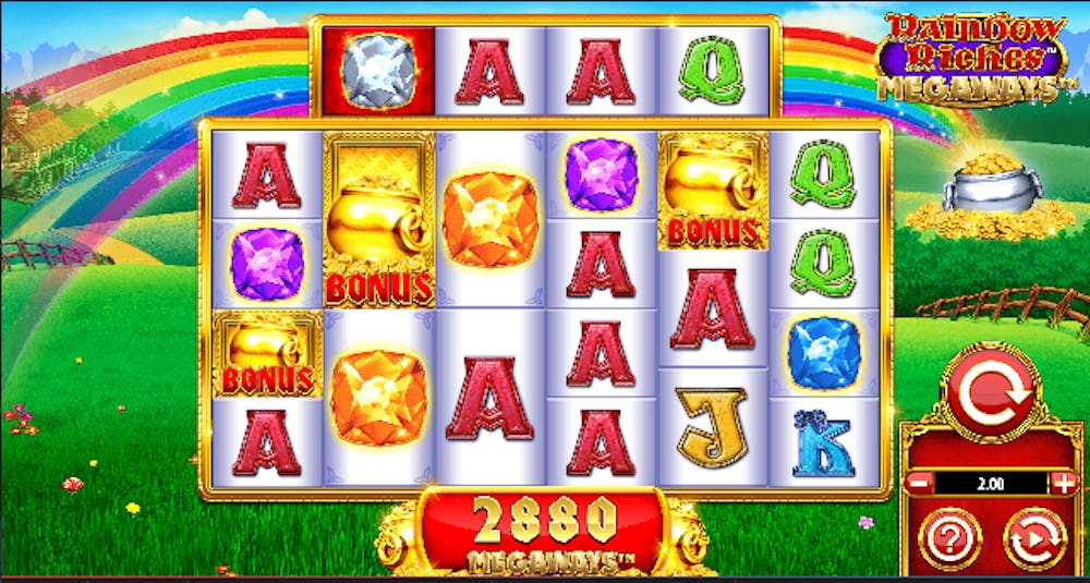 Ein Screenshot aus dem Spiel Rainbow Riches Rainbow Frenzy mit mehreren Symbolen auf der Gewinnlinie