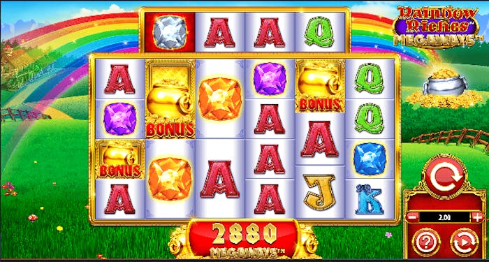 Ein Screenshot aus dem Spiel Rainbow Riches Rainbow Frenzy mit mehreren Symbolen auf der Gewinnlinie