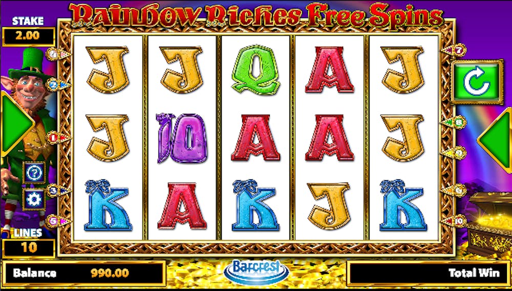 Ein Screenshot aus dem Spiel Rainbow Riches Megaways mit vielen verschiedenen Symbolen auf den Gewinnlinien