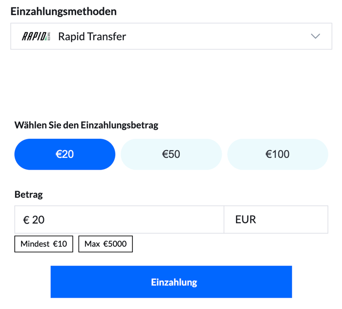 Einzahlung mit Rapid Transfer im Instant Banking Casino
