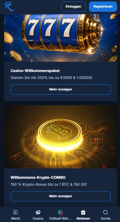 RCasino Screenshot mit der Bonusseite.