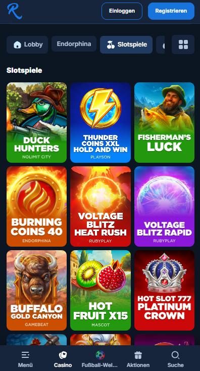 RCasino Screenshot mit der Spieleseite.