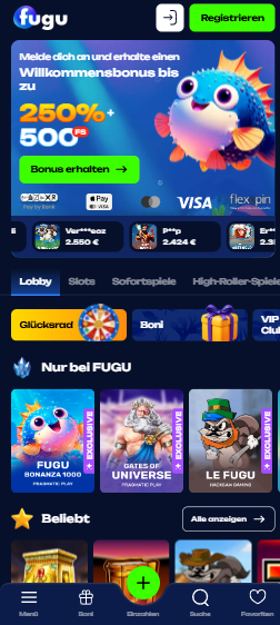 Startseite im Fugu Casino zeigt Bonusangebote, Menü und Spielkategorien