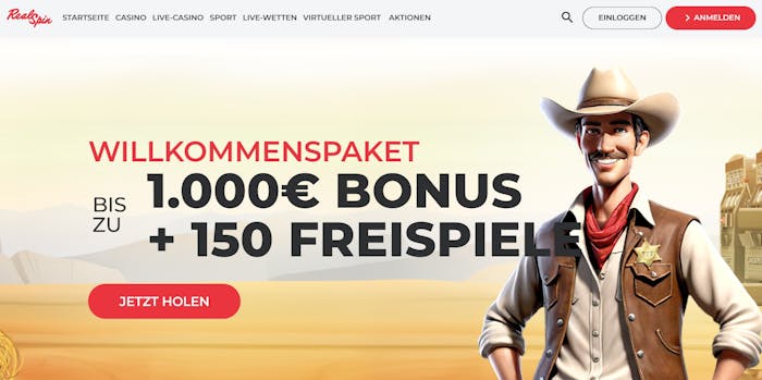 Startseite im RealSpin Casino zeigt Willkommenspaket bis zu 1.000 Euro und 150 Freispiele