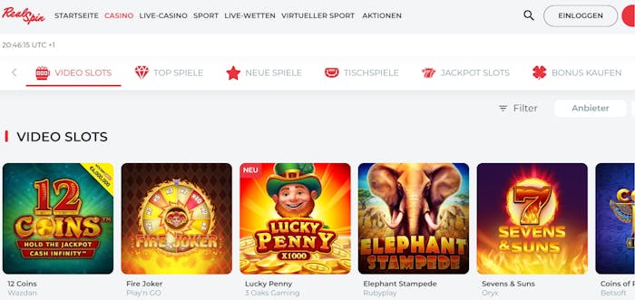 Spiellobby im Real Spin Casino zeigt Video Slots wie 12 Coins neben Filteroptionen und anderen Kategorien