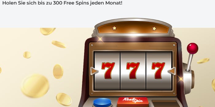 Realspin Casino Screenshot mit bis zu 300 Freispiele monatlich mit dem Bonuscode.