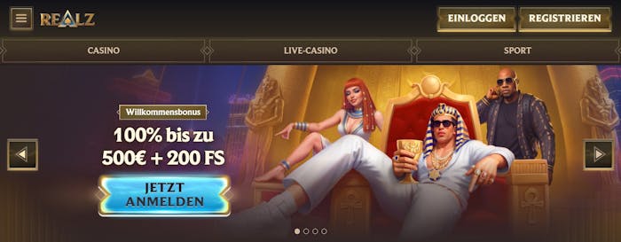 Captura de pantalla de la página de inicio de Realz Casino mostrando juegos destacados y el menú de navegación