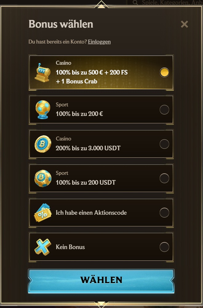 Anmeldeformular im Realz Casino