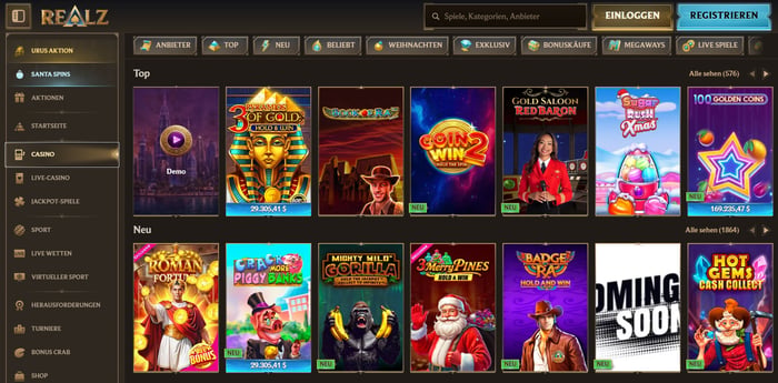 Spiellobby im Realz Casino zeigt top Spiele wie Sugar Rush Xmas neben anderen Spielkategorien