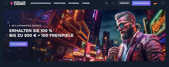 Startseite des Rebellion Casinos mit Willkommensbonusbanner, Sprachauswahl, Menü, Anmeldebutton und Suchleiste