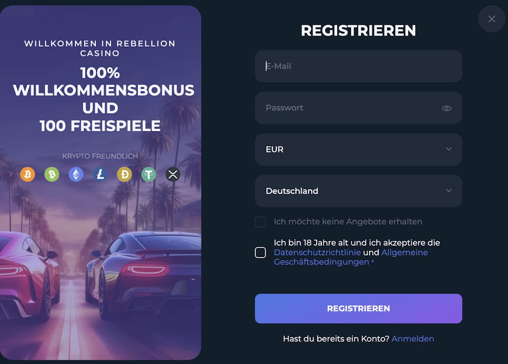 Rebellion Casino Anmeldeformular mit Willkommensbonusbanner