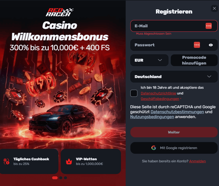 Red Racer Casino Screenshot mit der Anmeldeseite.