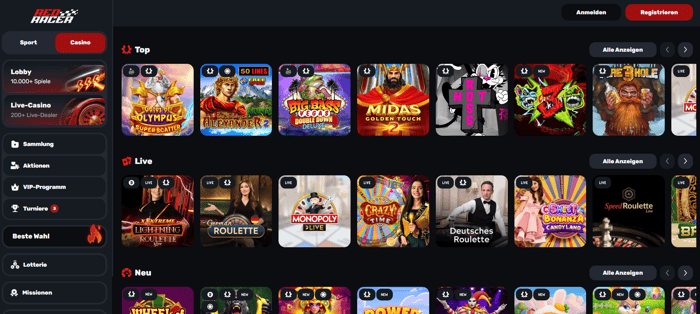 Red Racer Casino Screenshot mit der Spieleseite.