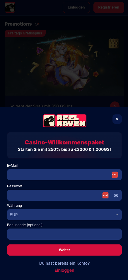 Anmeldeformular im Reel Raven Casino