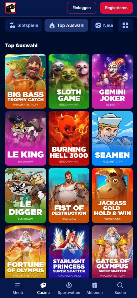 Spiellobby im Reel Raven Casino zeigt Spiele wie Gemini Joker neben anderen Spielkategorien