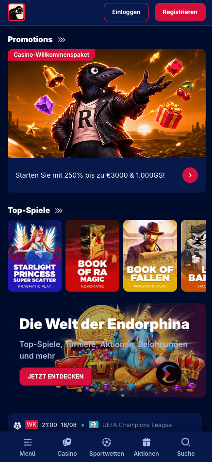 Startseite im Reel Raven Casino zeigt top Spiele, Willkommensbonus und Menü