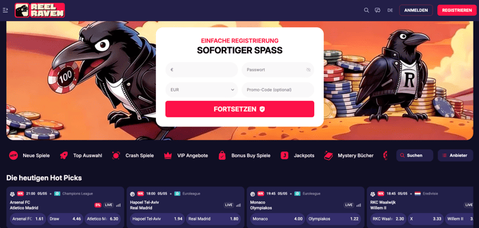 Startseite im Reel Raven Casino zeigt schnelle Registrierung, Spielkategorien und Hot Picks