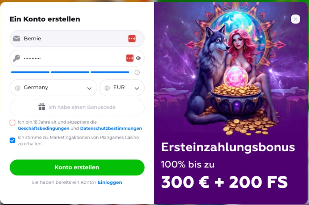 Registrierungsformular in einem neuen Casino online