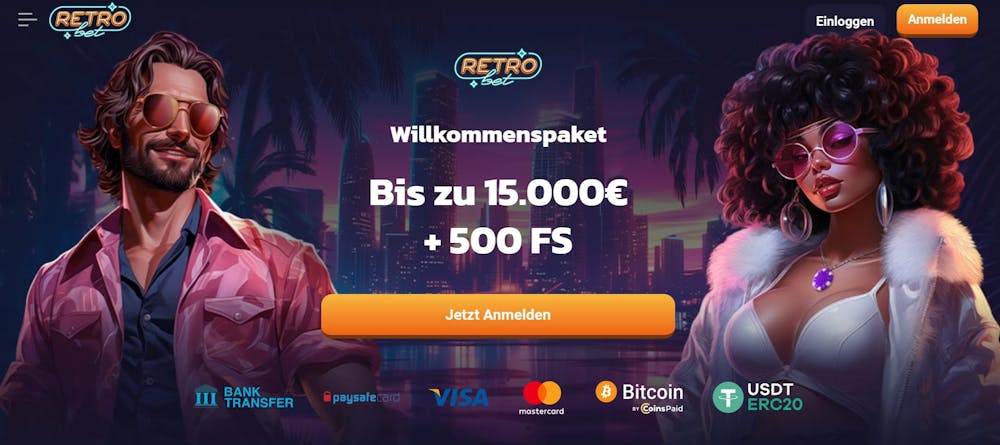 Die Homepage von Retrobet Casino, im Hintergrund stehen ein Mann und eine Frau in Disco Mode, daneben der Willkommenbsbonus von bis zu 15.000 € + 500 Freispielen