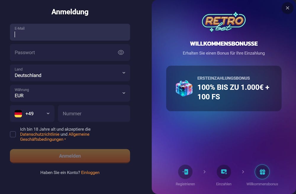 Das Anmeldeformular bei Retrobet Casino