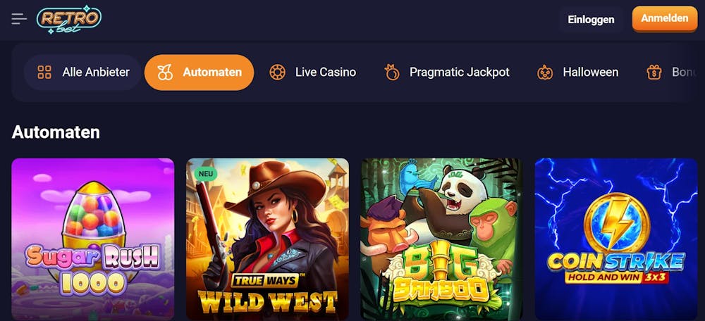 Eine Übersicht über die Slots Bei SlotsGallery Casino mit Titeln wie Wild West und Sugar Rush 1000