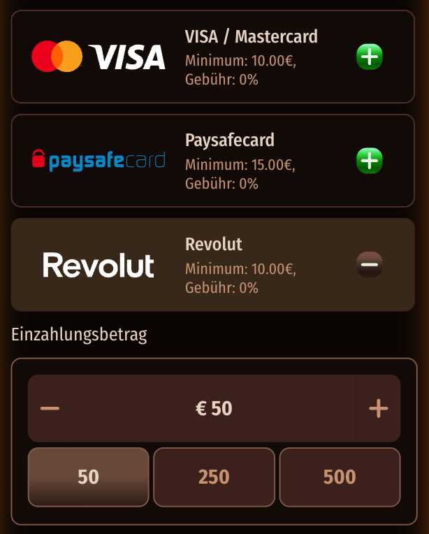 Auswahl von Revolut im Revolut Casino Kassenbereich