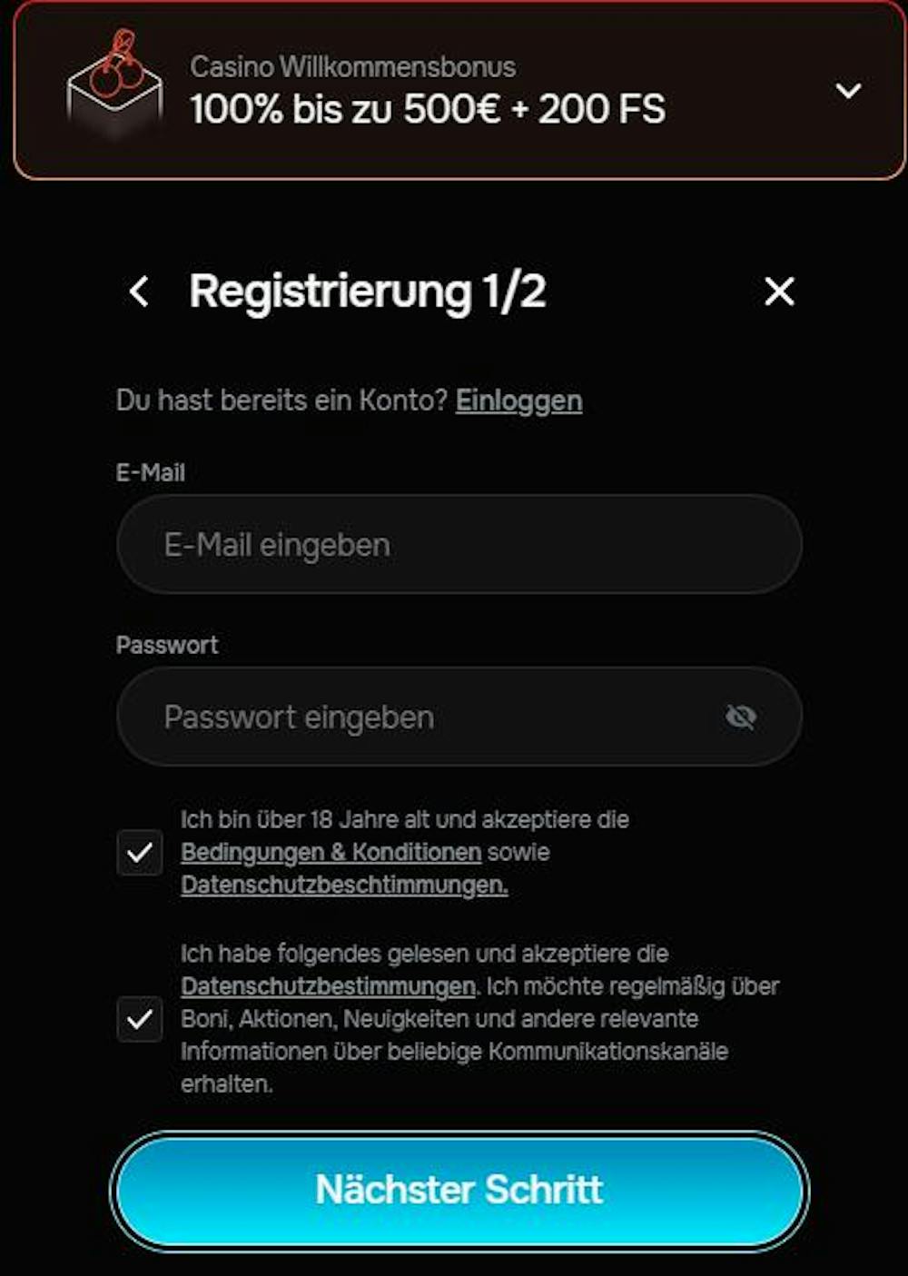 Registrierung im Revolution Casino Schritt 1