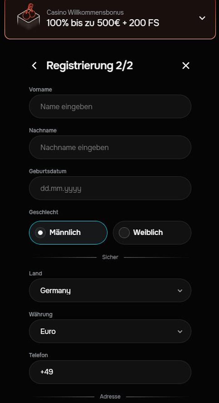 Registrierung im Revolution Casino Schritt 2