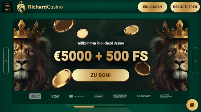 Startseite im Richard Casino zeigt Willkommensbonus