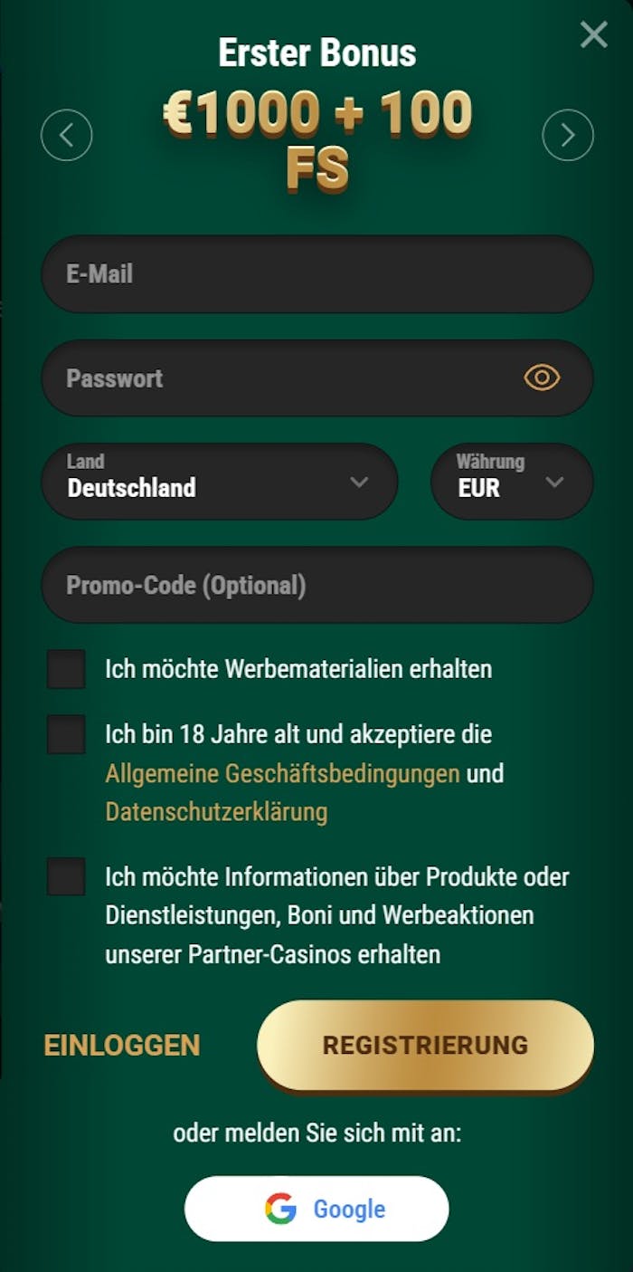 Anmeldeformular im Richard Casino