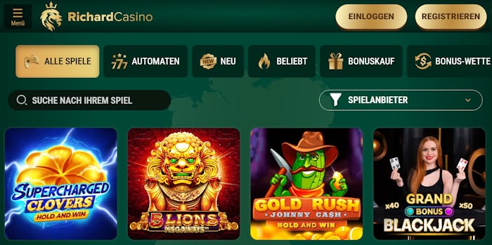 Spiellobby im Richard Casino zeigt Spiele wie Gold Rush neben anderen Spielkategorien