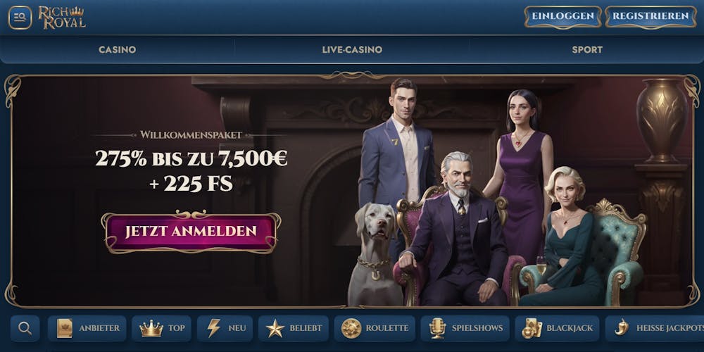 Rich Royal Casino Screenshot mit dem Willkommensangebot und dem dunkeln Design.