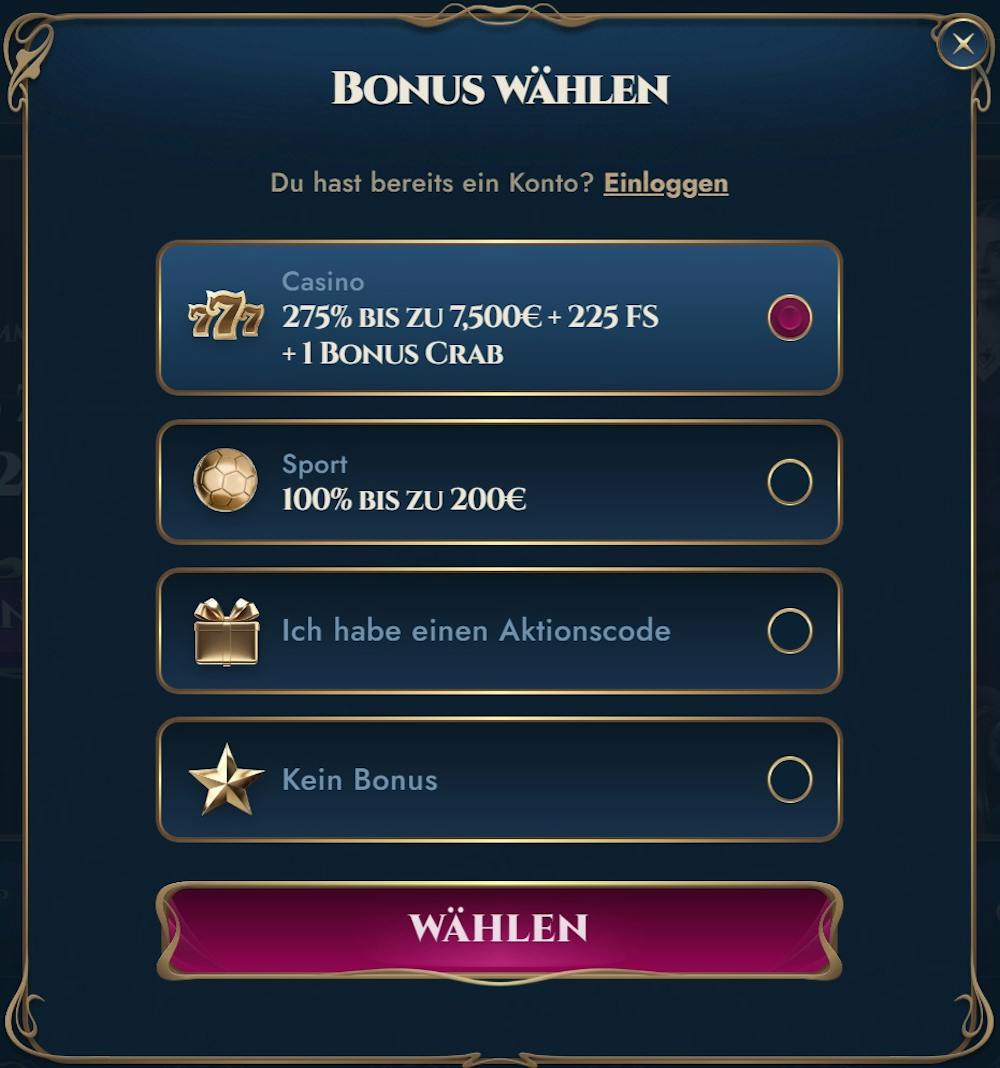 Rich Royal Casino Screenshot mit der Anmeldeseite zum Eingeben der persönlichen Daten.
