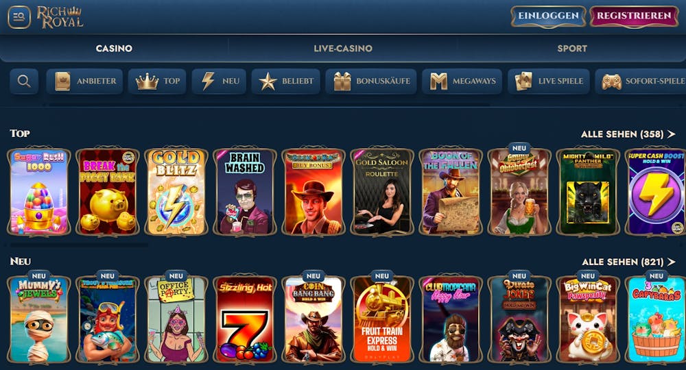 Rich Royal Casino Screenshot mit der Slot Auswahl, darunter  Gold Blitz.