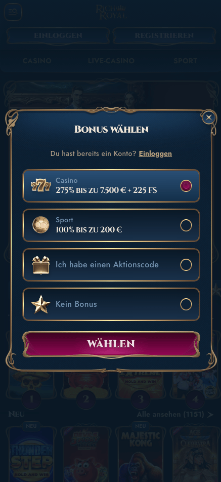 Anmeldeformular im Rich Royal Casino