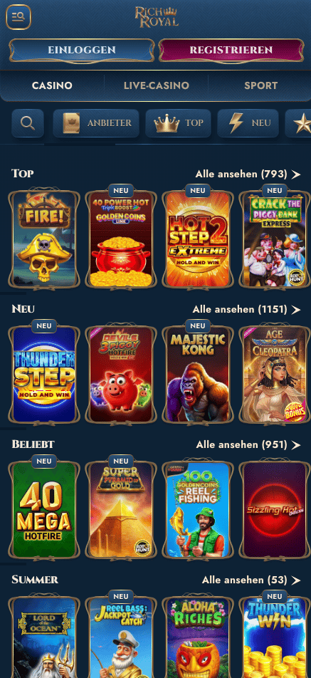 Spielauswahl im Rich Royal Casino zeigt Spiele wie 40 Mega Hotfire neben anderen Spielkategorien