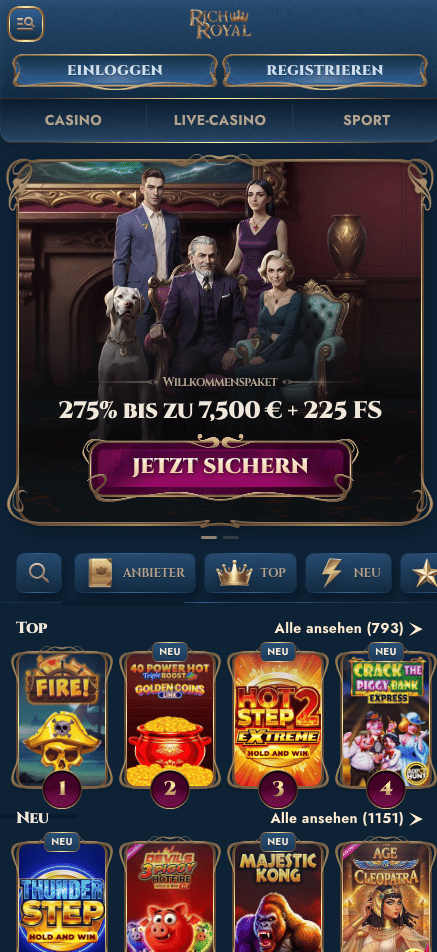 Startseite im Rich Royal Casino zeigt Willkommensbonus und top Spiele