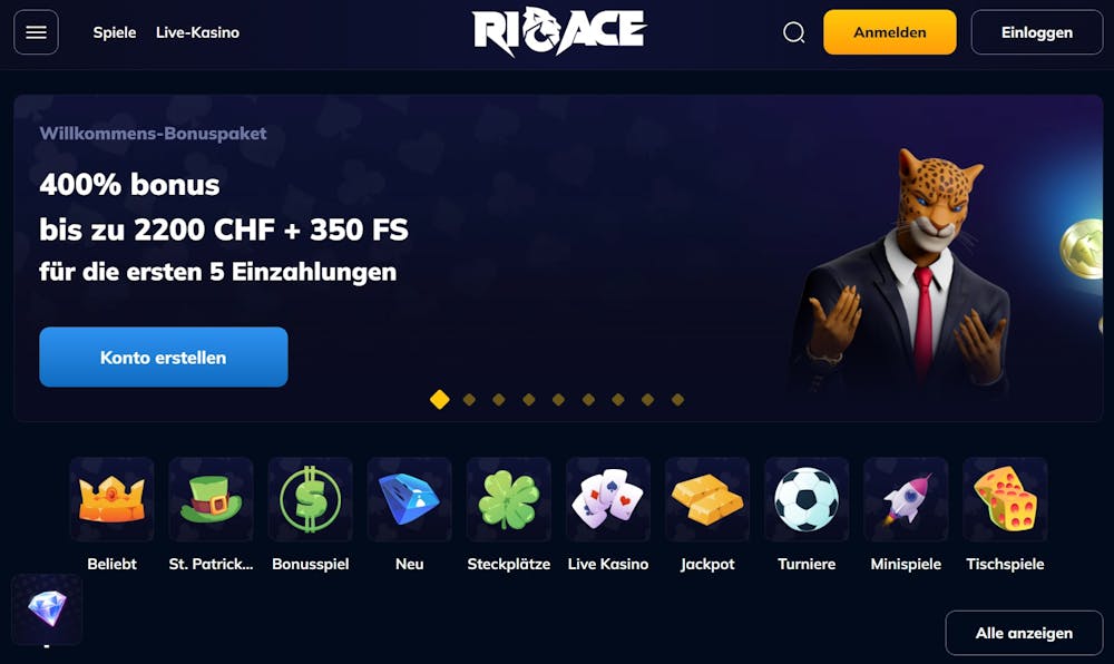 Die Homepage von Rio Ace Casino mit einer Beschreibung über den Willkommensbonus von 400 % + 350 FS