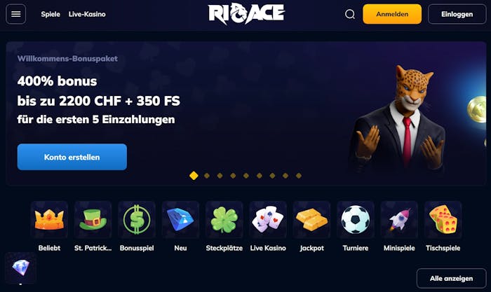 Die Homepage von Rio Ace Casino mit einer Beschreibung über den Willkommensbonus von 400 % + 350 FS
