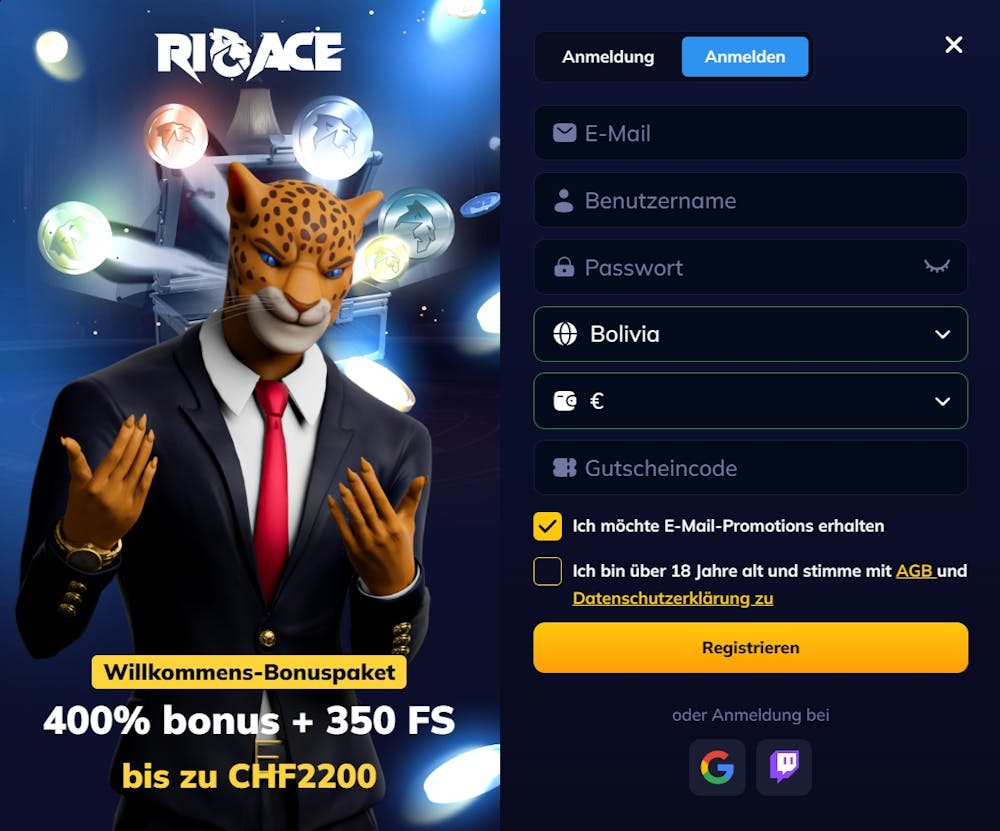 Das Registrierungsformular von Rio Ace Casino
