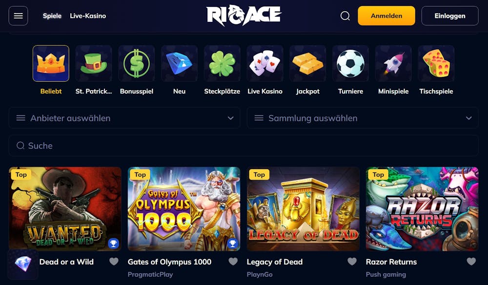 Die Spielauswahl bei Rio Ace Casino mit vielen verschiedenen Titeln wie Legacy of Dead und Razor Returns