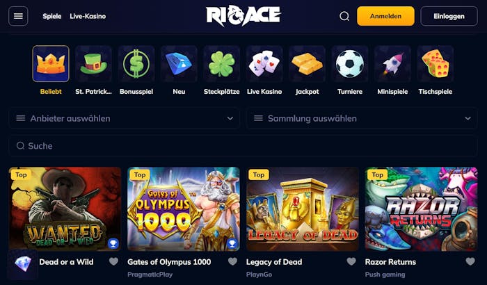 Die Spielauswahl bei Rio Ace Casino mit vielen verschiedenen Titeln wie Legacy of Dead und Razor Returns
