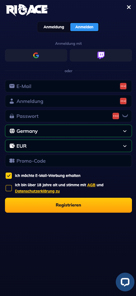 Das Registrierungsformular von Rio Ace Casino