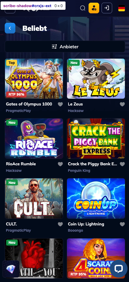 Spiellobby im Rio Ace Casino zeigt Spiele wie Le Zeus