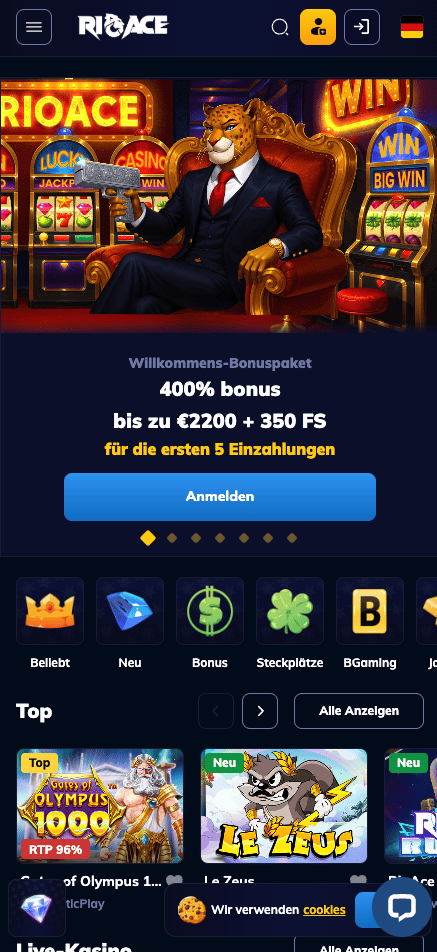 Startseite im Rio Ace Casino zeigt Willkommensbonus und top Spiele