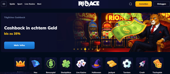 Rio Ace Casino Screenshot mit dem Willkommensbonus und weiteren Casino Angeboten.