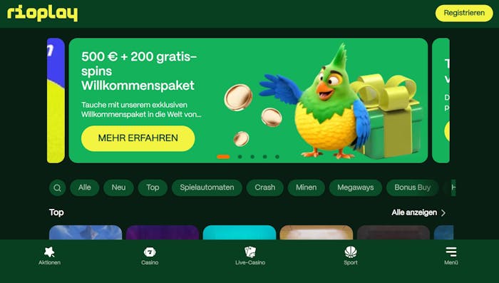 Rio Play Casino Screenshot mit dem Willkommensbonus Angebot, bei welchem man in diesem Casino bis zu 500 € gewinnen kann und 200 Freispiele.