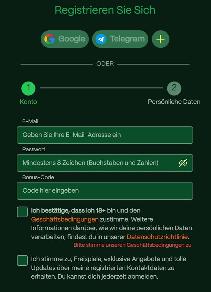 Rio Play Casino Screenshot mit der Anmeldeseite, auf welcher die persönlichen Daten zum Anmelden auf den Seiten des Casinos eingegeben werden.