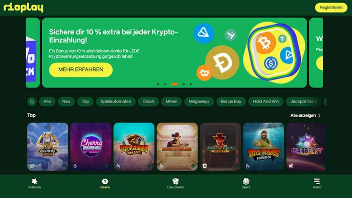 Rio Play Casino Screenshot mit der Spielauswahl, darunter der Slot Big Bass Bonanza.